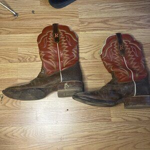 R Watson Men's 9.5D Arizona Tan Wide Square Toe Cowboy Boots Worn Red/Orangish